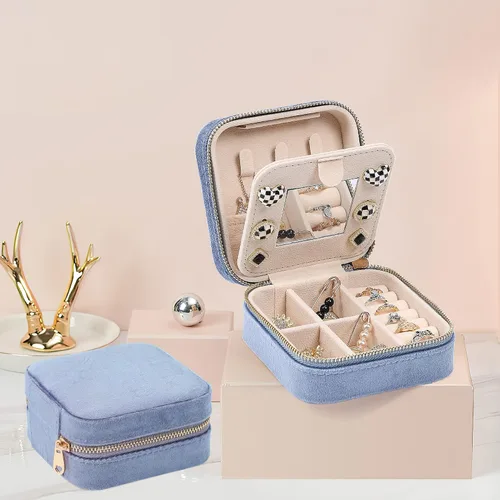 Miniatura 2 de Dajasan Joyero de viaje de terciopelo, mini estuche de joyería de viaje, pequeña caja organizadora de joyas de viaje portátil con espejo