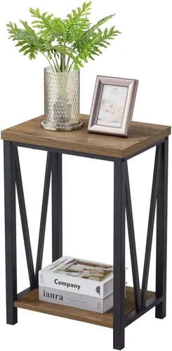 Miniatura 8 de FOLUBAN Mesa auxiliar con estante de almacenamiento, mesa auxiliar rústica para sala de estar, mesita de noche de madera y metal para dormitorio