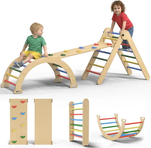 Miniatura 8 de Juego de Triángulo Pikler Grande, Juguetes de Escalada para Niños Pequeños 7 en 1 para Interiores, Juego de Escalada Montessori de Madera con Arco