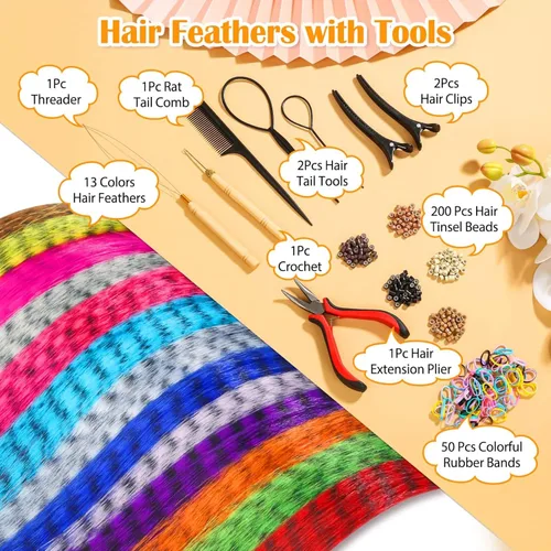 Miniatura 2 de Kit de 65 piezas de plumas para el cabello con herramientas para extensiones de cabello, kit de extensiones de plumas de cabello sintético largo