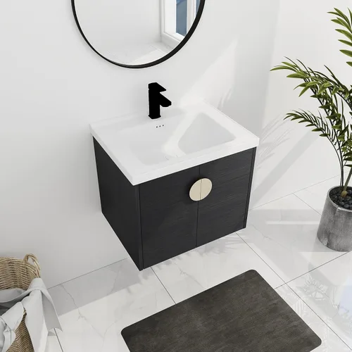 Miniatura 3 de Juego de tocador de baño de 24 pulgadas con lavabo montado en la pared, moderno juego de tocador de baño con lavabo de cerámica blanca y mango