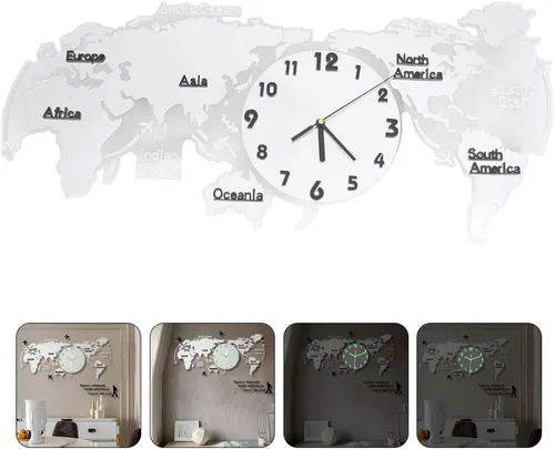 Miniatura 6 de HEALLILY Reloj de pared con mapa del mundo, mapa del mundo, reloj colgante digital que brilla en la oscuridad, suministros de pared para oficina