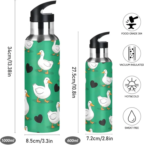 Miniatura 2 de Cartoon White Ducks Green Stainless Steel Water Bottle 20 Oz Leakproof Water Bottles, BPA-Free Sport Water Bottle Insulated