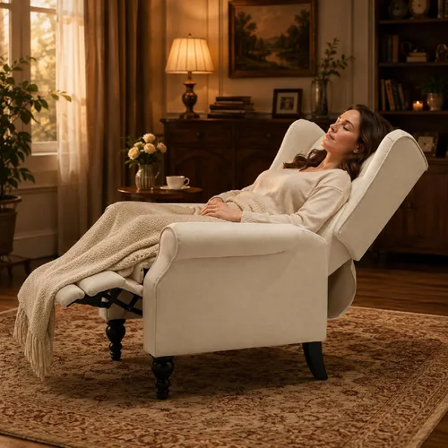 Miniatura 6 de Silla reclinable de ala de mediados de siglo para adultos, sillas reclinables modernas de tela de lino con respaldo acolchado con botones y Beige
