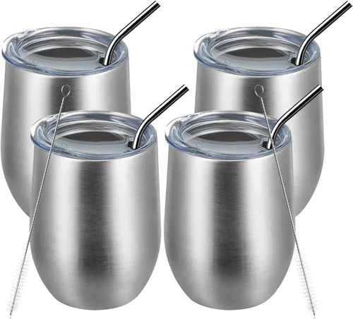 Miniatura 20 de MEWAY Vaso de vino sin tallo de 12 onzas con tapa, vaso de viaje de acero inoxidable con aislamiento de doble pared al vacío con popote, para Negro