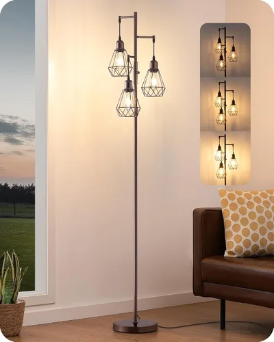 Miniatura 10 de EDISHINE Lámparas de Pie Estilo Granja de 70 Pulgadas para Sala de Estar, Lámparas Industriales Altas de Pie Regulables con 3 Bombillas LED Edison