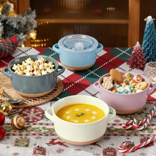 Miniatura 8 de AmorArc Juego de 2 cuencos de sopa de 24 onzas con asas grandes y tapas, cuencos de cerámica para sopa, cereales, guisos, fideos, coloridos cuencos