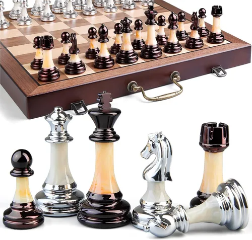 Juego de ajedrez de lujo de 16.5 pulgadas, tablero de ajedrez plegable grande de madera con asa, piezas de ajedrez acrílicas con peso - Rey de 3.5
