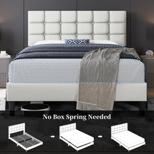 Miniatura 9 de Yaheetech Marco de Cama Tapizado, Plataforma de Cama Full Moderna con Cabecera de Costura Cuadrada y Capitoné con Botones, Altura Ajustable, Soporte