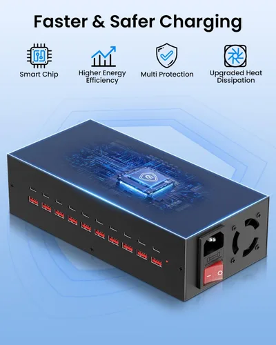 Miniatura 6 de Estación de carga USB-C de 200W, bloque de cargador USB de 20 puertos (10 USB A y 10 USB-C), estación de carga rápida para múltiples dispositivos