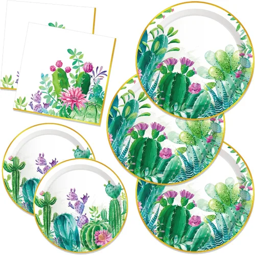Platos de papel de cumpleaños de cactus suculentos, servilletas, plantas, cactus, juego de vajilla desechable, suministros para fiestas, juegos de