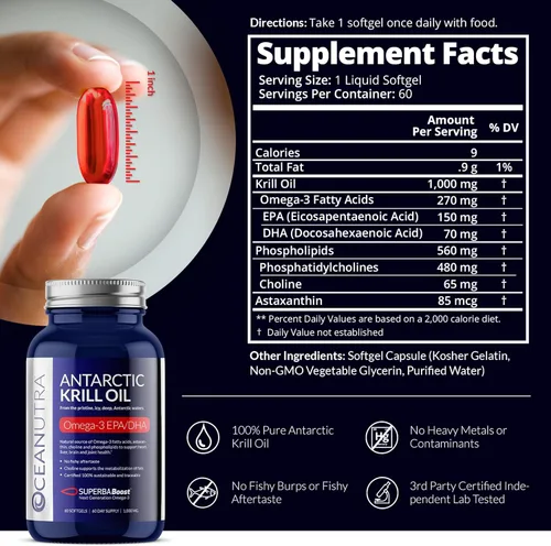 Miniatura 3 de Aceite de Krill Orgánico 100% Puro 1000mg, 60 Días, Omega 3, Concentración Más Alta 56% Fosfolípidos, Capturado Silvestre, SuperbaBoost Antártico
