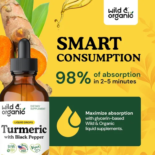 Miniatura 4 de Wild & Organic Suplemento de cúrcuma gotas líquidas - Movimiento y apoyo inmunológico - Cúrcuma líquida con extracto de pimienta negra - Añadir a