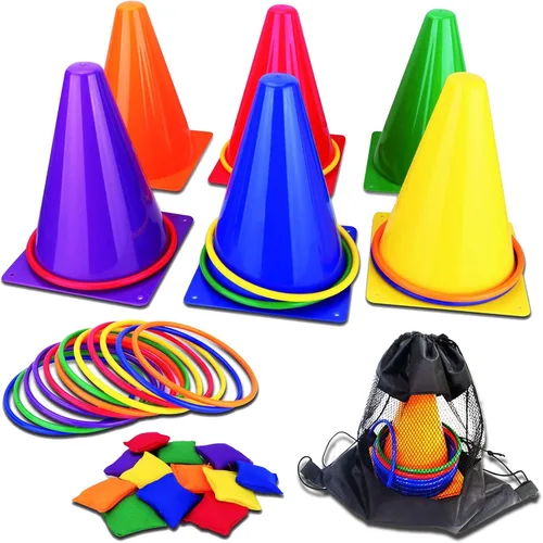 unanscre 31 piezas 3 en 1 juego combinado de juegos de carnaval al aire libre para niños, conos de plástico suave, bolsas de frijol, juego de