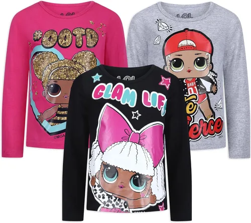 LOL Surprise Dolls - Camisa de manga larga para niñas, paquete de 3 unidades, para niñas pequeñas y grandes, grisrosablanco
