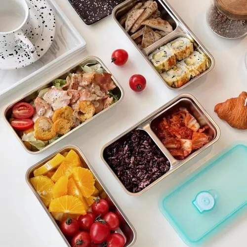 Miniatura 9 de Recipientes reutilizables de acero inoxidable con tapas, contenedores de doble compartimento para aperitivos, recipientes pequeños para condimentos