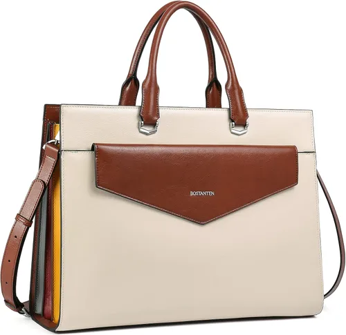 BOSTANTEN Maletín para mujer con bolso para laptop de 15.6 pulgadas, bolso de mano de cuero genuino para el trabajo, color beige