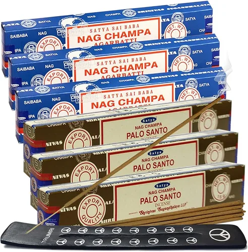 Miniatura 24 de Varillas de incienso de Sangre de Dragón y Palo Santo con soporte, paquete de variedad de la marca House of Nag Champa y Trumiri
