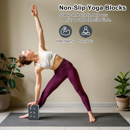Miniatura 4 de Juego de 2 bloques de yoga y 2 correas de yoga, bloques de espuma EVA antideslizantes, ladrillos de yoga de alta densidad con correa de 6 pies, Gris