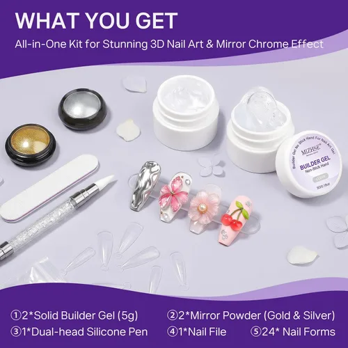 Miniatura 5 de MIZHSE 2PCS 3D Gel Nail Art Clear Sculpting Gel, 5 in 1 Clear Non-Sticky Sculpture Molding Solid Builder Gels for Nails with Chrome Nail Powder Kit