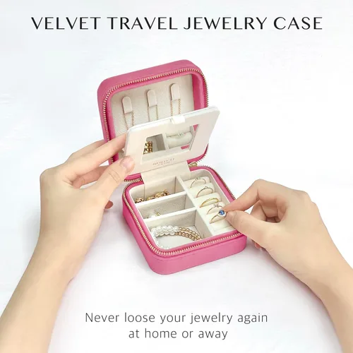 Miniatura 57 de BLUTETE Joyero de viaje organizador de terciopelo con anillos de espejo, aretes, collares, caja organizadora de almacenamiento (negro)