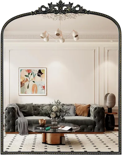 Miniatura 16 de WallBeyond Espejo vintage negro para tocador de 32x24 pulgadas, espejo negro antiguo con marco ornamentado, pared vintage arqueada para baño, sala