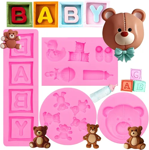 Molde de fondant de oso de silicona, 4 piezas de oso de peluche con letras de bebé para baby shower, decoración de cupcakes