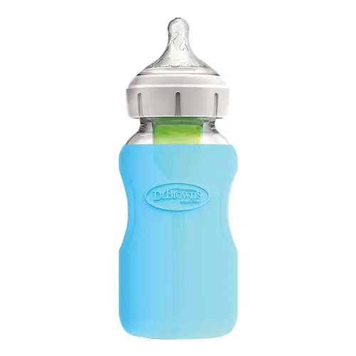 Miniatura 2 de Dr. Brown's Natural Flow® Options+™ Fundas para biberones de vidrio, 100% silicona, 9 onzas, cuello ancho, azul (paquete de 2)
