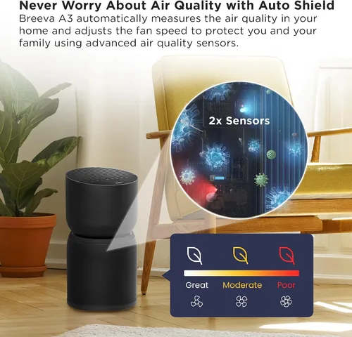 Miniatura 5 de TCL Breeva - Purificador de aire inteligente A3 con limpieza de 5 etapas, True HEPA (H13), elimina el 99.97% del polvo, bacterias/olores y más, Negro