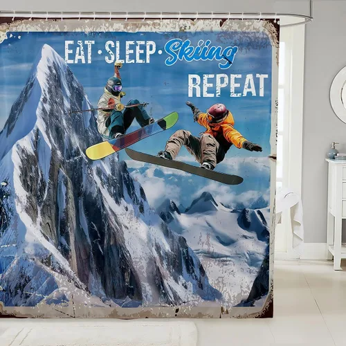 Miniatura 8 de Cortina de ducha de esquí negro con teñido anudado gris para niños, niñas, adultos, decoración de habitación de esquí, deportes, juegos, cortina