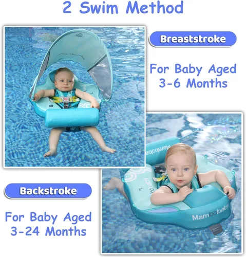 Miniatura 2 de Mambobaby Flotador para bebé con toldo y cola, flotador no inflable para piscina, correa de seguridad ajustable, entrenador de natación para niños