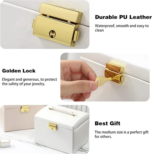 Miniatura 4 de DREAM&GLAMOUR - Cajas de joyería para mujer, 3 capas, organizador de joyería de piel sintética con espejo y cerradura. Caja de joyería portátil