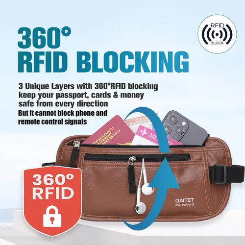 Miniatura 10 de DAITET Cinturón de dinero, soporte para pasaporte, cartera de viaje oculta segura con bloqueo RFID, riñonera encubierta (negro), Negro, Rfid