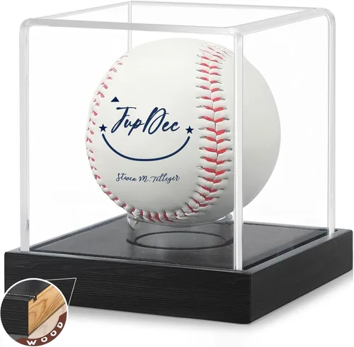 JupDec Estuche de exhibición de béisbol, soporte de béisbol transparente con base de madera, caja de soporte de béisbol con autógrafo para pelota