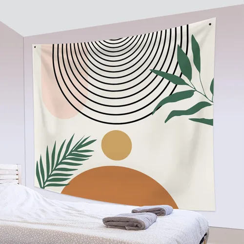 Miniatura 2 de Tapiz bohemio de mediados de siglo, moderno abstracto geométrico, tapiz con diseño de arco de sol, hojas verdes, tapices para colgar en la pared, 59