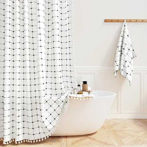 Miniatura 13 de BTTN Juego de cortinas de ducha estilo bohemio de granja con borlas, tela rústica de lino resistente, repelente al agua, cortinas de ducha gruesas A