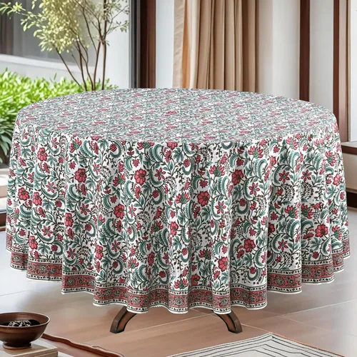 Miniatura 21 de Ridhi Mantel redondo de algodón reutilizable con estampado de bloque a mano, color verde espárragos, 60 pulgadas, mantel decorativo para uso diario