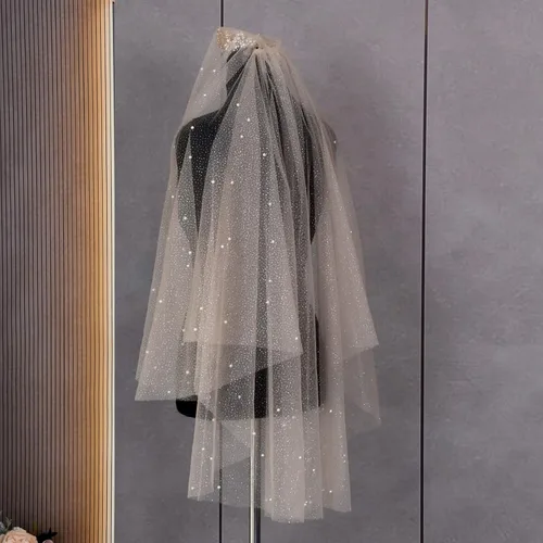 Miniatura 5 de Velo de novia de boda de 2 niveles de tul suave con perlas longitud de los dedos con peine