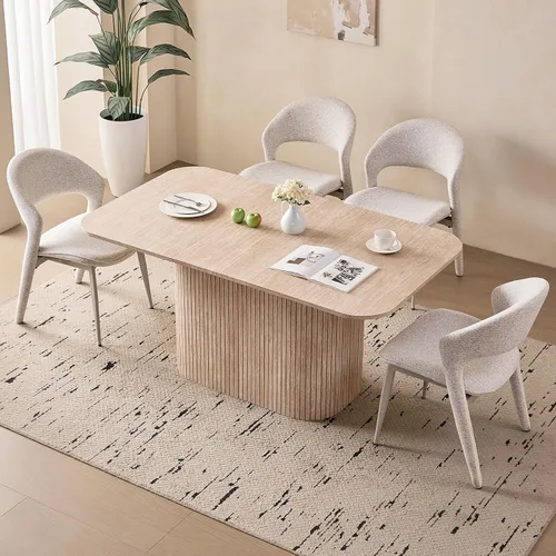 Miniatura 26 de Juego de 4 mesas de comedor grandes de 63 pulgadas para 4, esquinas redondeadas, mesa de cocina rectangular moderna de madera con sillas Boucle