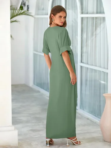 Miniatura 4 de Fisoew Vestido de verano con botones para mujer, vestido largo de manga corta abombada, cuello en V profundo, vestido largo