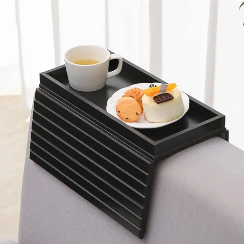Miniatura 10 de GEHE Bandeja de madera de acacia para sofá, mesa auxiliar plegable para el brazo del sofá, mesa auxiliar con reposabrazos anticaídas, soporte