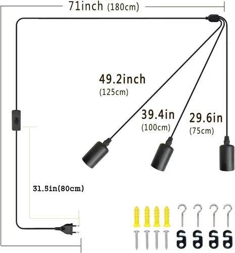 Miniatura 2 de Lámpara colgante con enchufe de 3 luces, cable de luz colgante negro de 10 pies con interruptor de encendido y apagado, lámpara colgante industrial