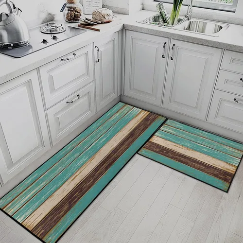 Miniatura 3 de Juego de 2 alfombras y tapetes rústicos de cocina antideslizantes, lavables, color verde azulado de madera para suelo, alfombra de pasillo de rayas