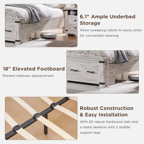 Miniatura 7 de RedLemon - Marco de cama de estilo granja Queen con cabecera geométrica de 137 cm de altura, cama de plataforma de madera rústica con 2 cajones