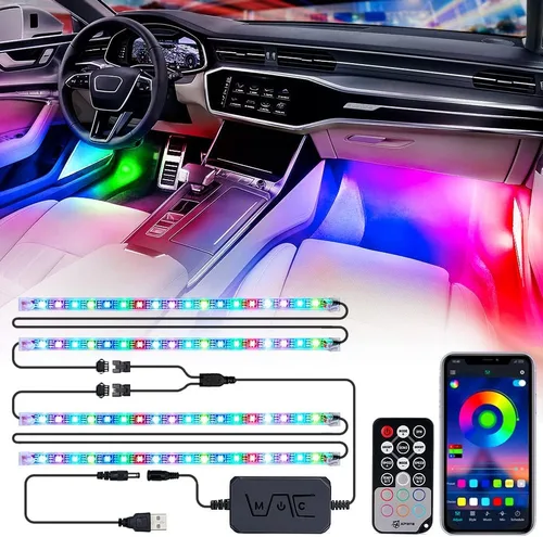 Miniatura 8 de Xprite Tiras de luz LED RGB con Bluetooth para interior de auto con control remoto caja de control sellado de silicona para espacio para pies debajo