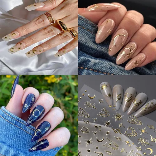 Miniatura 5 de Calcomanías de uñas de estrella de luna, calcomanías de arte autoadhesivas 3D, calcomanías de diseño de estrellas y sol, suministros de oro láser