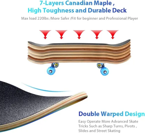 Miniatura 4 de PHOEROS Complete Skateboards- Standard Skateboards for Beginners Kids Boys Girls Teenager- 31''x 8''Canadian Maple Cruiser Pro Skate Board