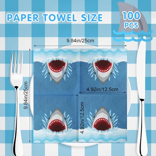 Miniatura 2 de Gersoniel 100 servilletas de papel de tiburón desechables con diseño de tiburón y océano, servilletas de papel para cócteles, bebidas, temática