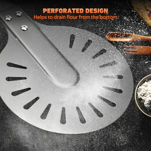 Miniatura 4 de Pala giratoria de pizza de aluminio perforado de 8 pulgadas con mango de madera, espátula de pizza de longitud ajustable 2 en 1, 48 pulgadas