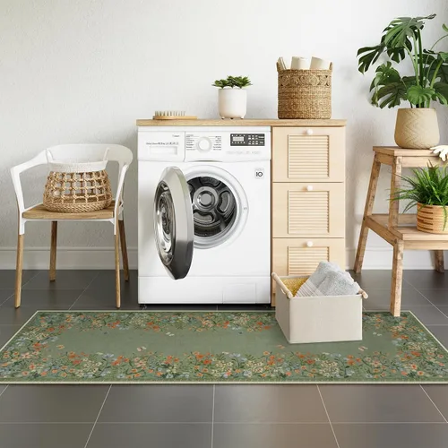 Miniatura 7 de Alfombras Lahome Boho Floral 2x6 para pasillos antideslizantes, alfombras de cocina verdes no deslizantes lavables, alfombra de baño de felpa